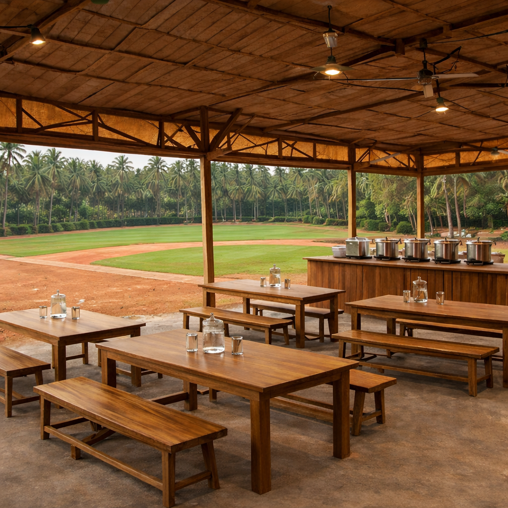 Dining and community space overlooking the field